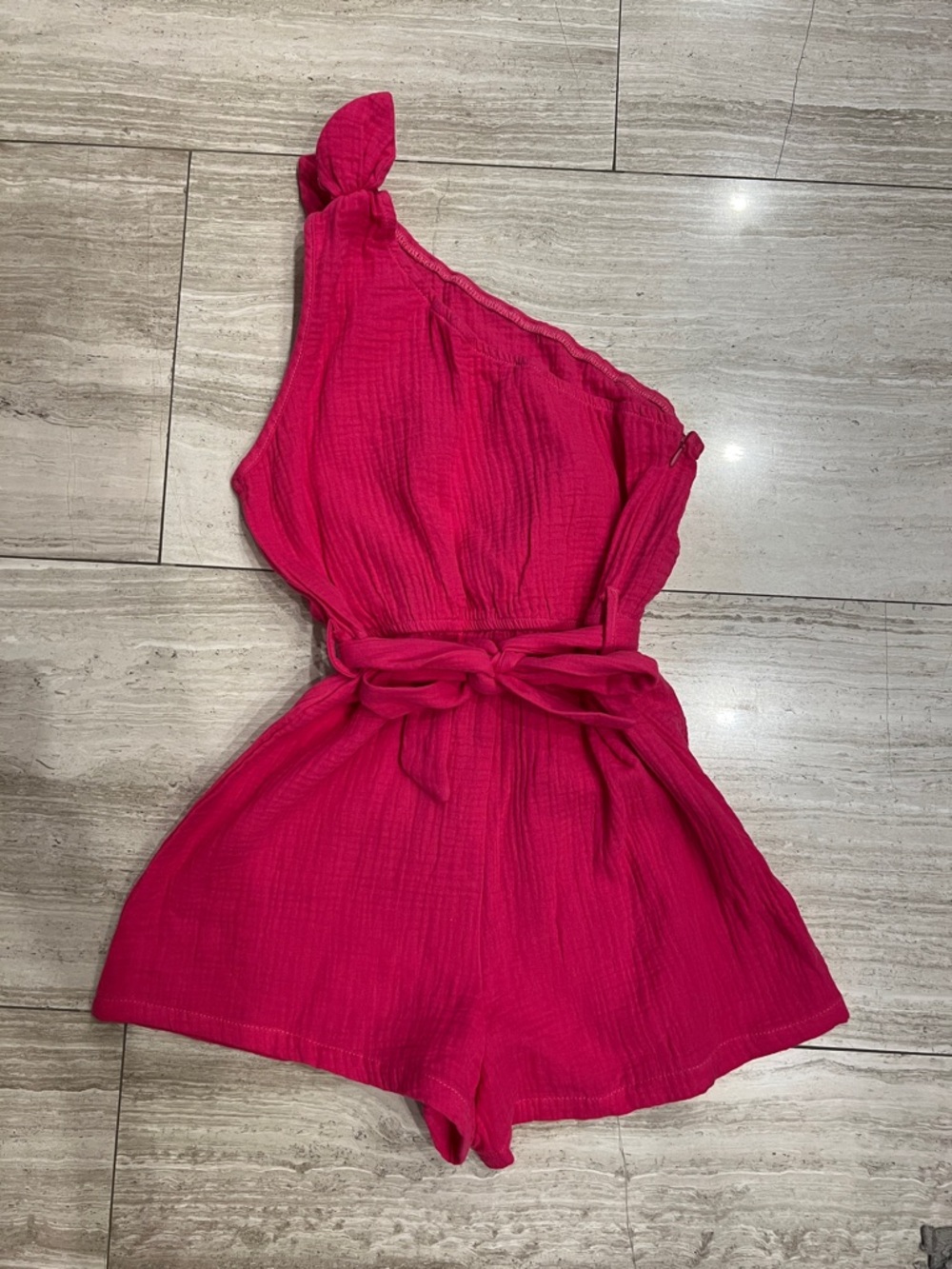 SHEIN One-Shoulder Hot Pink Tie-Waist Romper